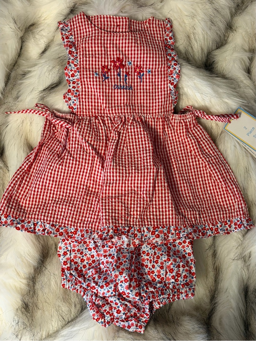 NWT Osh Kosh Red Gingham Floral Trim Baby Dress Set